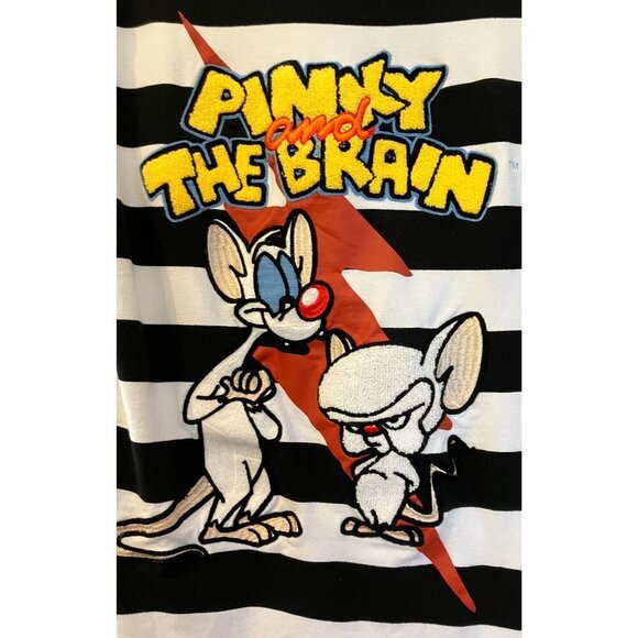 Pinky Other - Pinky and The Brain Mens Embroidered Striped Shirt Size Small White Black AN EXC
